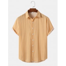 Mens Vertical Striped Button Front Plain Short Sleeve Shirts