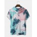 Men Coconut Tree Print Hooded Drawstring Short Sleeve Casual T  Shirts