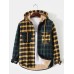 Men Patchwork Pockets Contrast Color Button Plush Lined Hooded Jackets