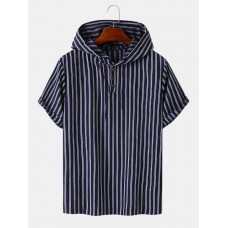 Mens Striped Quarter Button Daily Short Sleeve Hooded T  Shirts