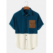 Mens Vintage Patchwork Chest Pocket Short Sleeve Shirts