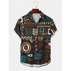 Mens Vintage Tribal Print Short Sleeve Front Buttons Shirts