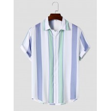 Mens Wide Striped Button Up Preppy Short Sleeve Shirts