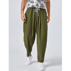 Men Solid Color Pleats Drawstring Elastic Waist Side Pocket Casual Pants