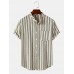 Mens Vertical Stripe Stand Collar Cotton Short Sleeve Shirts